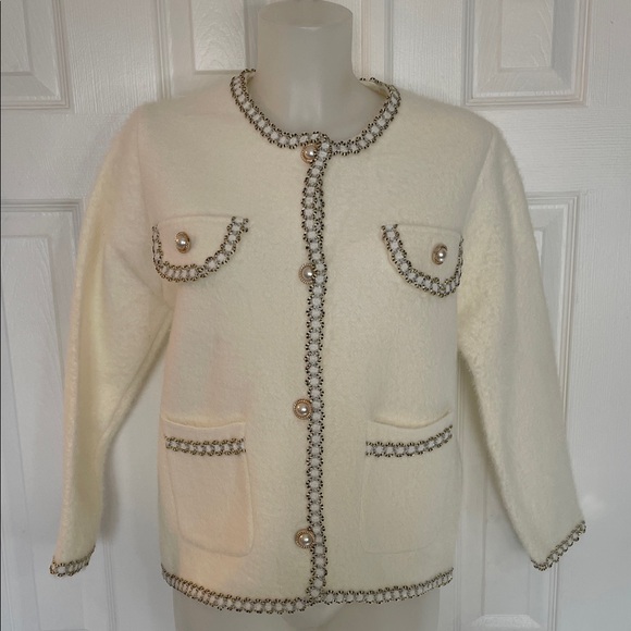 ELEGANT ITALIAN STYLE WHITE & GOLD TWEED KNIT PEARL ACCENTS CARDIGAN JACKET SZ M - Picture 3 of 9